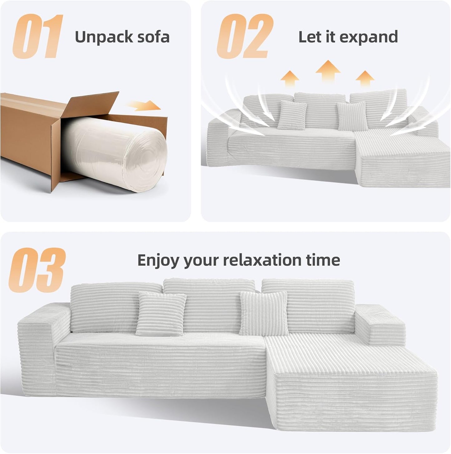 Black & White Corduroy Sectional Couch 110 Inch