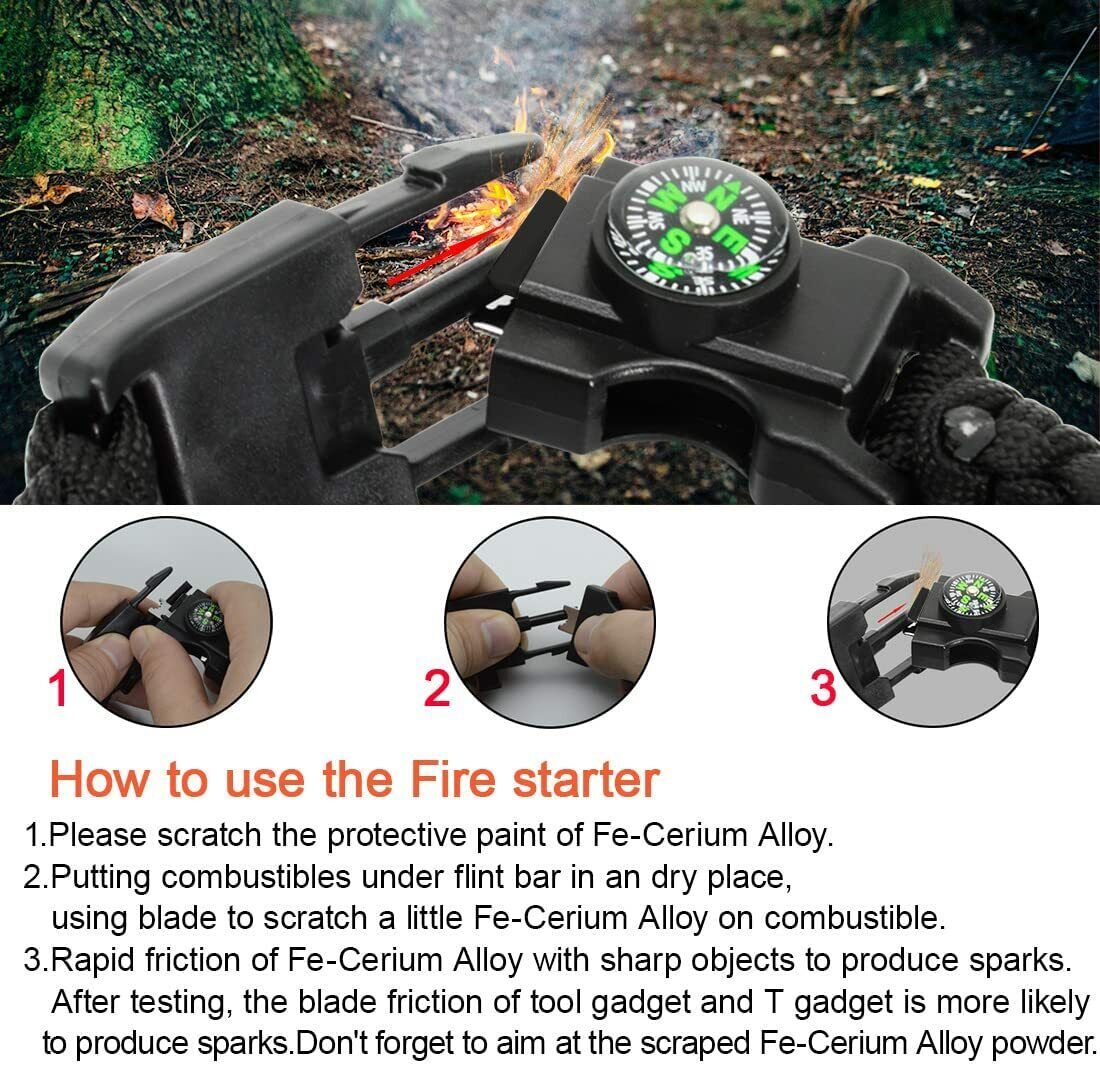 20 in 1 Paracord Bracelet with Whistle, Fire Starter, Compass, Thermometer, and Multi-tool
