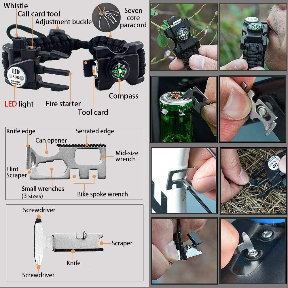 20 in 1 Paracord Bracelet with Whistle, Fire Starter, Compass, Thermometer, and Multi-tool